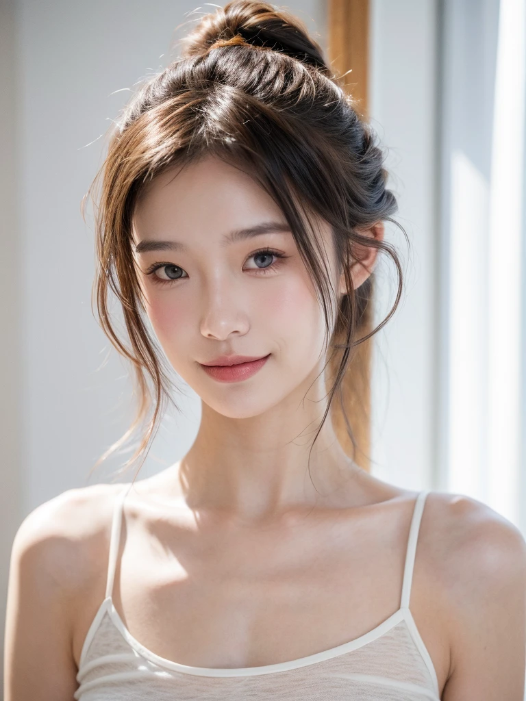 portrait, 1 girl, Half bun, Squinting, Smile, masterpiece, best quality, 8K, Edit photos, Felix Englund Style, Realistic skin texture