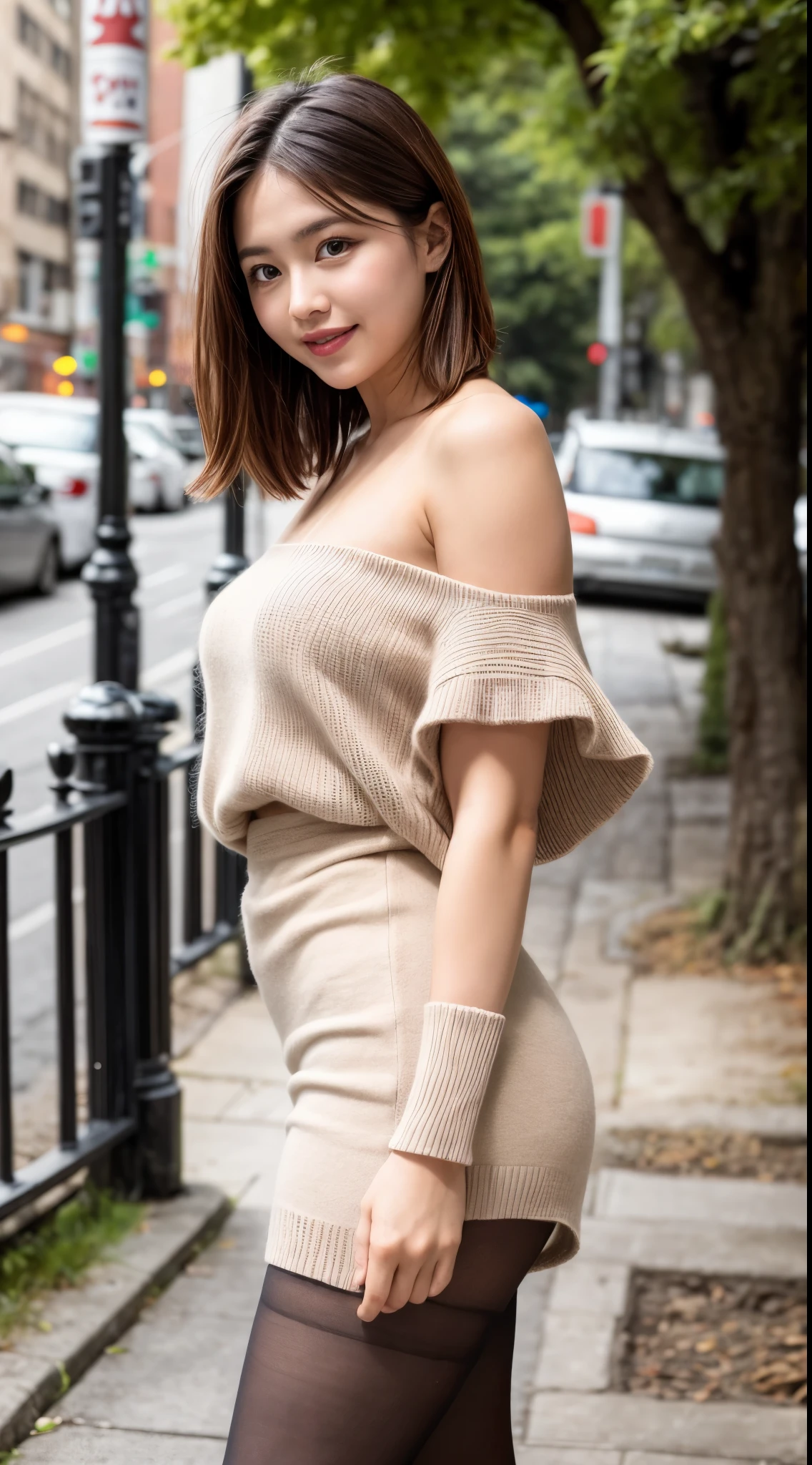 (((masterpiece))), (((Highest quality: 1.4))), ((Very detailed: 1.4)) , ulzzang-6500-v1.1, (RAW Photos:1.2), (Photorealistic), (Genuine:1.4), Sharp focus、Shot from the side、Off the shoulder、Realistic female college student wearing a cashmere knit dress、Ultra-realistic pantyhose:1.3、short hair、Teasing Smile、Bare thighs!!! pumps