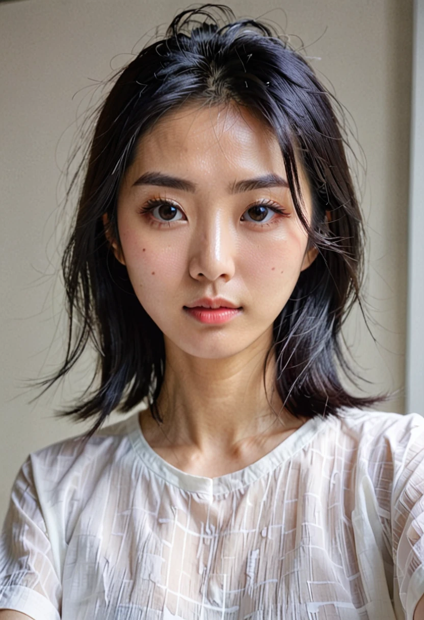 Japanese women、30 years old、(Selfie style:1.2)、Upper body projection、Black Hair、Random hairstyle、Narrow eyes、No makeup、Professional and delicate black eyes、Delicate skin、Rough skin、Random and subtle background、Random Face、(shirt:1.5)、(Random Face:1.7)、dry skin、Busaic face、Low image quality