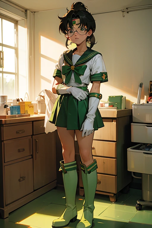 A tall, black-haired, freckled girl with glasses dressed as Sailor Jupiter, wearing white gloves and green boots with a displeased look on her face, in her room.