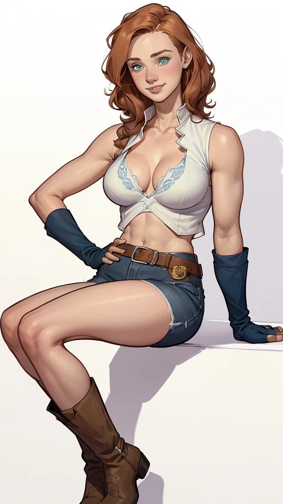 (cartoon style:1.2), Drawings of (Ginevra Molly Weasley), he used to smile, perfect green eyes, face detailed, White background, fun pose, seducing gaze,Full body wearing the Sanserina uniform, beautiful medium breasts and wonderful body cartoon style digital illustration. Wearing pantiesJennifer Connelly , , white bra, green vest, sleeveless, へそ, blue jeans, Brown boots, gloves fingerless, short gloves, slightly-smile, shorth hair, wavy hair, parted bangs, blue colored eyes, wart under the right eye, old american west, sunny desert background, waist belt, best quality, Obra de arte Jennifer Connelly