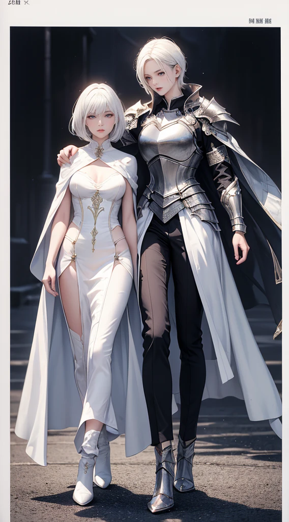 Highest quality、masterpiece、8K、Realistic、超High resolution、Very delicate and beautiful、High resolution、Fantasy、Perfect female body、mature woman、White Hair、short Hair、Toned body、Cape、Clothing with low exposure、pants、boots、cigarette、Full body emphasis、Simple Background、knight、