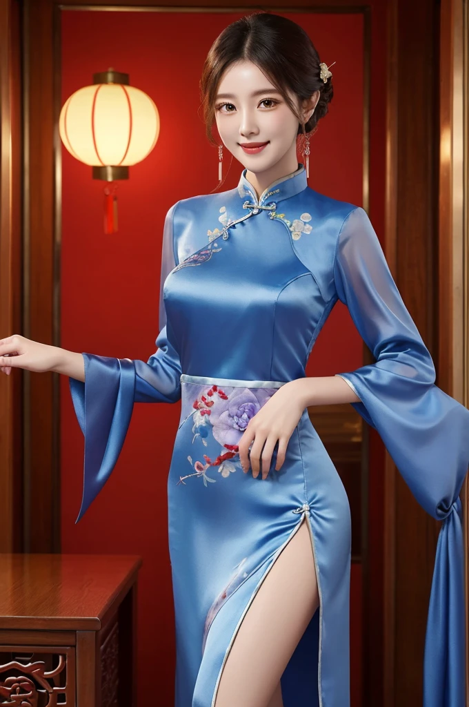 ch30ngs4m_1, best quality, masterpiece, illustration, Practical, photo-Practical, Astonishing, Fine details, Ridiculous, Huge file size, Extremely detailed, high resolution, Extremely detailed CG unity 8k wallpaper, Not suitable for working hours, Sexy, Charming smile, A young Korean woman, Wearing modified cheongsam, Elegantly situated in a room decorated for the Lunar New Year. This cheongsam is made of blue silk,It is embroidered with silver and lilac flowers. The sleeves are transparent, Skirt front slit,The woman's hair is tied in a traditional Korean bun, Exquisite facial features,Delicate and real skin,The room is filled with red lanterns and other festive decorations. Soft lighting brings a warm glow to the scene.
