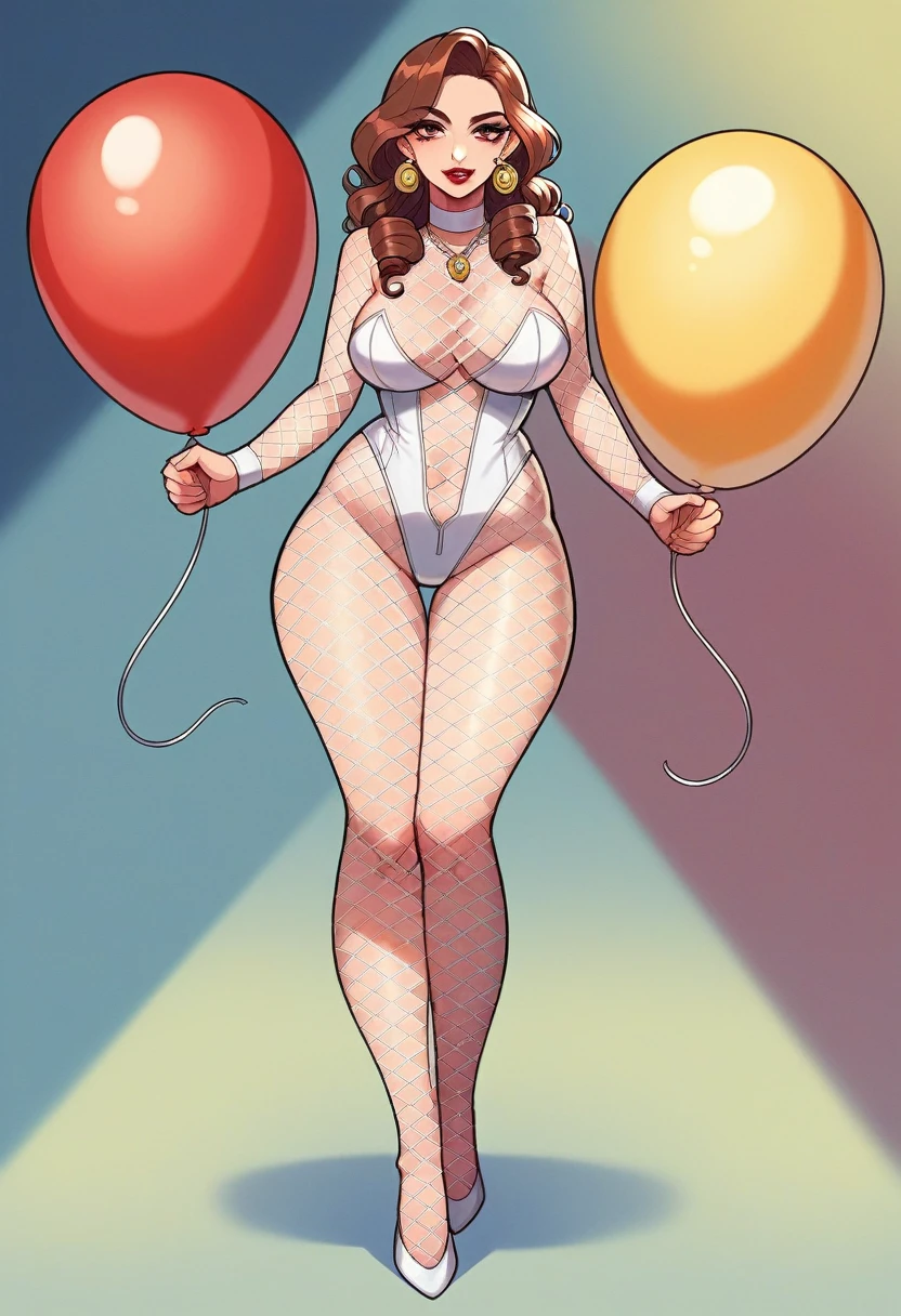 Gorgeous, curvaceous woman, sexy chic style, ultra-realistic detail, She poses indoors in full body, (((wearing a white V-neck fishnet body suit))), (((both hands are at her side))), (((big hazel eyes))), Cartier earrings and necklace, her long curly hair cascades, standing in front of wall of colorful large balloons during sunset, radiating elegance with red lipstick and radiant Gothic makeup with eyeshadow, photo boasts shadow lighting and analog style, shot in ultra-high resolution with a Hasselblad X2D camera, soft cinematic lighting enhances her face in this anatomically accurate, 8K