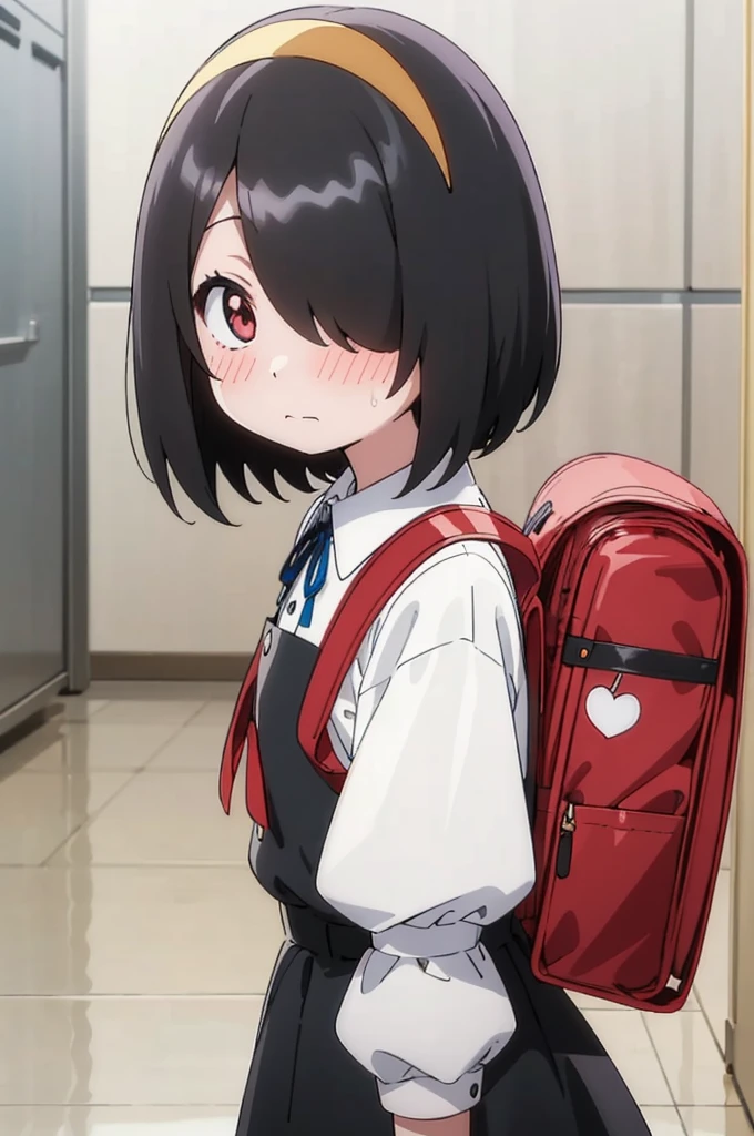 nishimuraakane,,hair over one eye,medium hair,black hair,1girl,solo,looking_at_viewer,pinafore_dress,portrait,embarrass,blush,shy,anime screencap,anime coloring,ribbon,bag,backpack,randoseru,