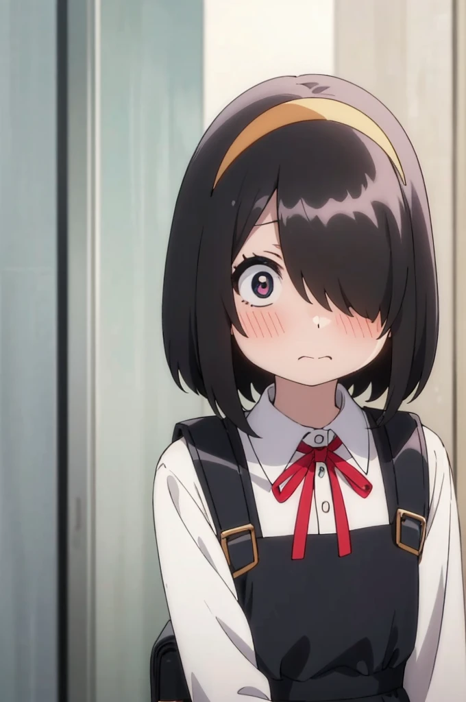 nishimuraakane,,hair over one eye,medium hair,black hair,1girl,solo,looking_at_viewer,pinafore_dress,portrait,embarrass,blush,shy,anime screencap,anime coloring,ribbon,bag,backpack,randoseru,