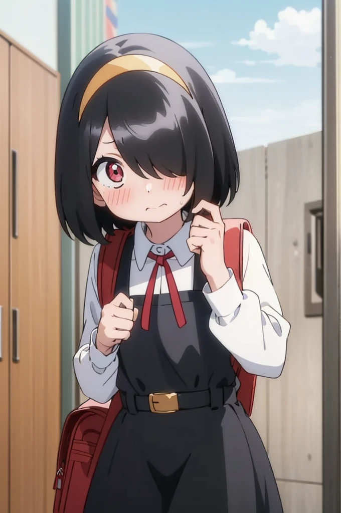 nishimuraakane,,hair over one eye,medium hair,black hair,1girl,solo,looking_at_viewer,pinafore_dress,portrait,embarrass,blush,shy,anime screencap,anime coloring,ribbon,bag,backpack,randoseru,