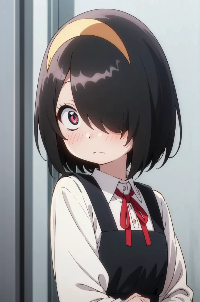 nishimuraakane,,hair over one eye,medium hair,black hair,1girl,solo,looking_at_viewer,pinafore_dress,portrait,embarrass,blush,shy,anime screencap,anime coloring,ribbon,bag,backpack,randoseru,