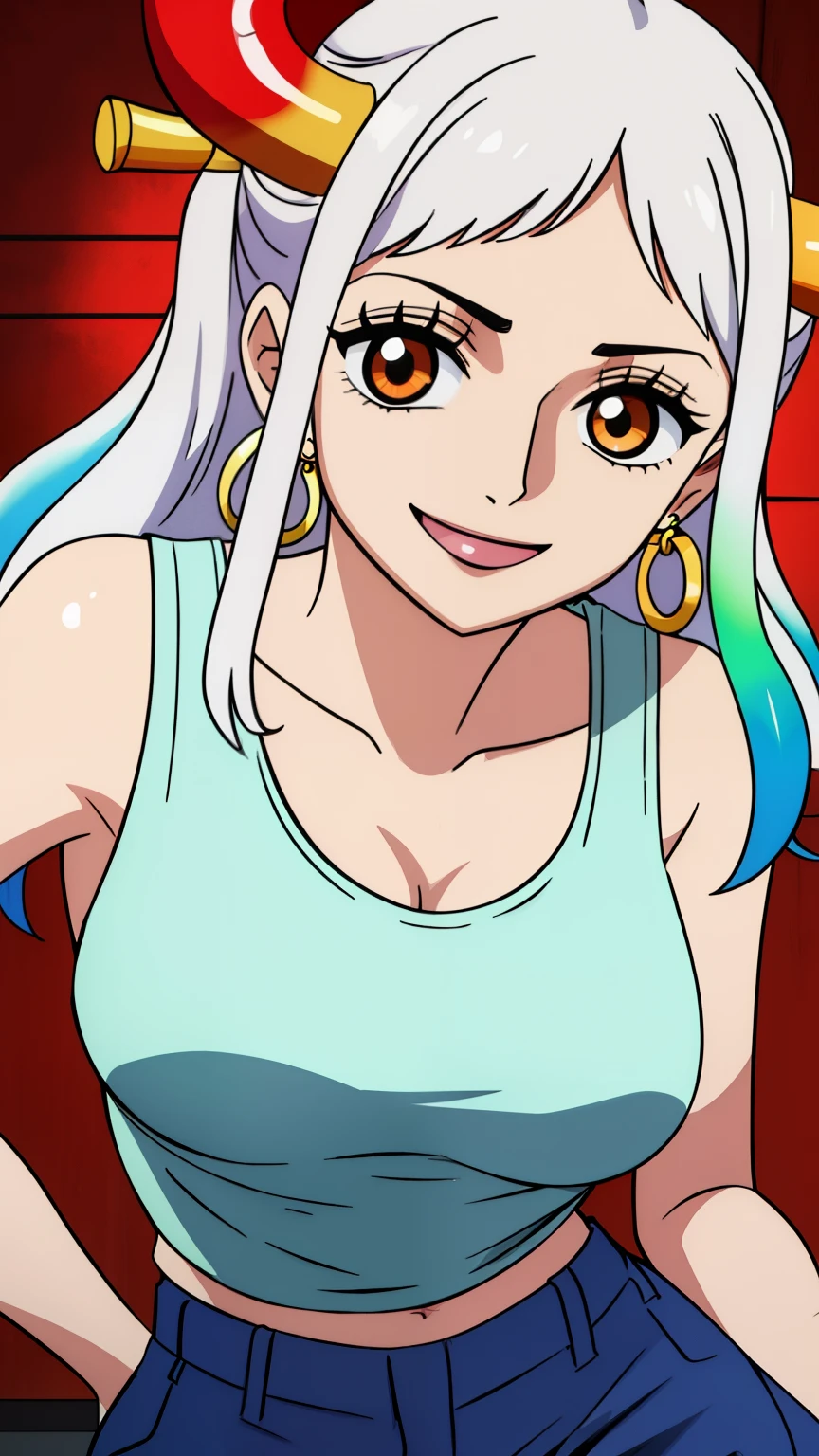 (masterpiece, best quality, high , 8k:1.2),anime, detailed, Yamato, White hair, Earrings, 1 girl, Smiling,Colorful hair, Dynamic angle, Solo, Horns, Green hair, Long hair, Jewelry, Large breasts, (Tank top, long pants:1.2)