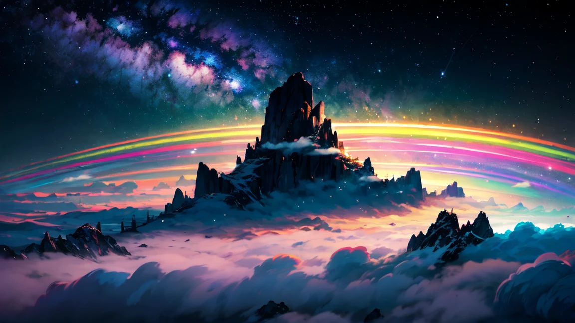 This image is breathtaking、It depicts a truly magical, otherworldly landscape.。. It appears to have been taken from high above the clouds., The viewer is presented with a stunning panoramic view of the vast expanse of sky.。. The stars shine brightly, It creates a truly awe-inspiring and mesmerizing sight.. A colorful rainbow can be seen in the distance, Add vibrant colors to a calm and tranquil atmosphere. The sun shines brightly, シーンwholeに暖かく歓迎的な輝きを放つ. whole, This image is a symphony of colors, Light, A beauty that takes the viewer to a completely different world.