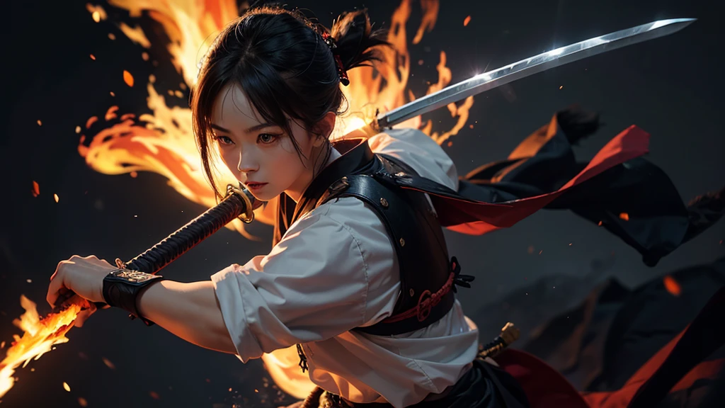Samurai with a sword, Realistic Effects, Blur the background, 8K, Burning Fire
