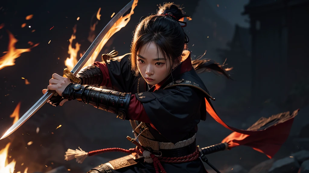 Samurai with a sword, Realistic Effects, Blur the background, 8K, Burning Fire