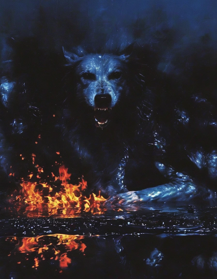 ong view of fire on black water, blue night city background