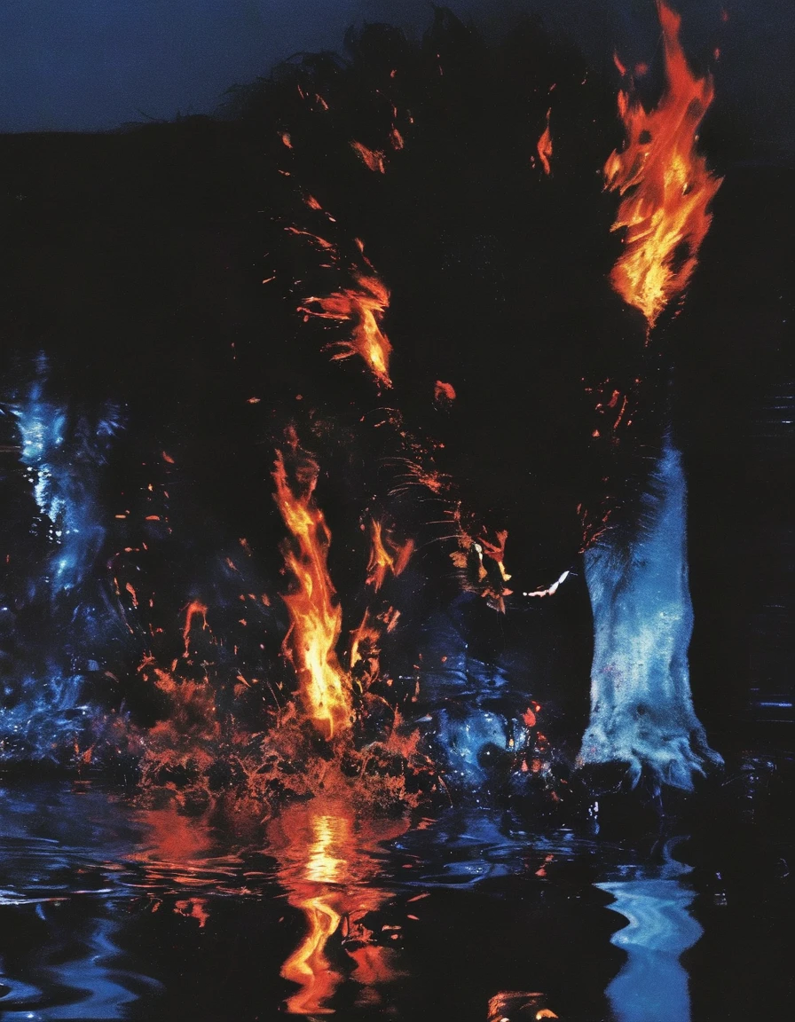 ong view of fire on black water, blue night city background