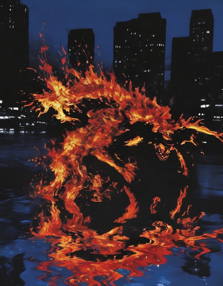 ong view of fire on black water, blue night city background