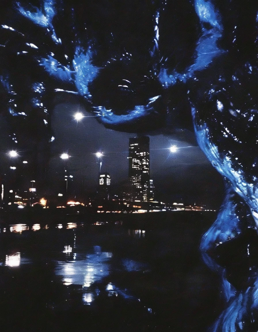 ong view of fire on black water, blue night city background