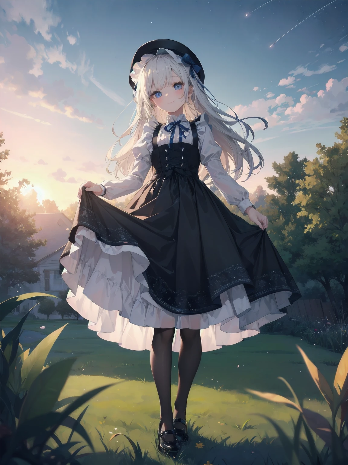 A serene outdoor scene unfolds at dusk, with a brilliant blue sky transitioning into a canvas of twinkling stars. A beautiful young girl, dressed in a stunning white and black gothic maid dress adorned with a navy blue ribbon, stands amidst lush green grass. Her companion, a delightful toddler, dons a charming maid hat with ruby accessories, complemented by black stockings and shoes. The little one beams with joy, smiling brightly as they gaze up at the celestial display together
