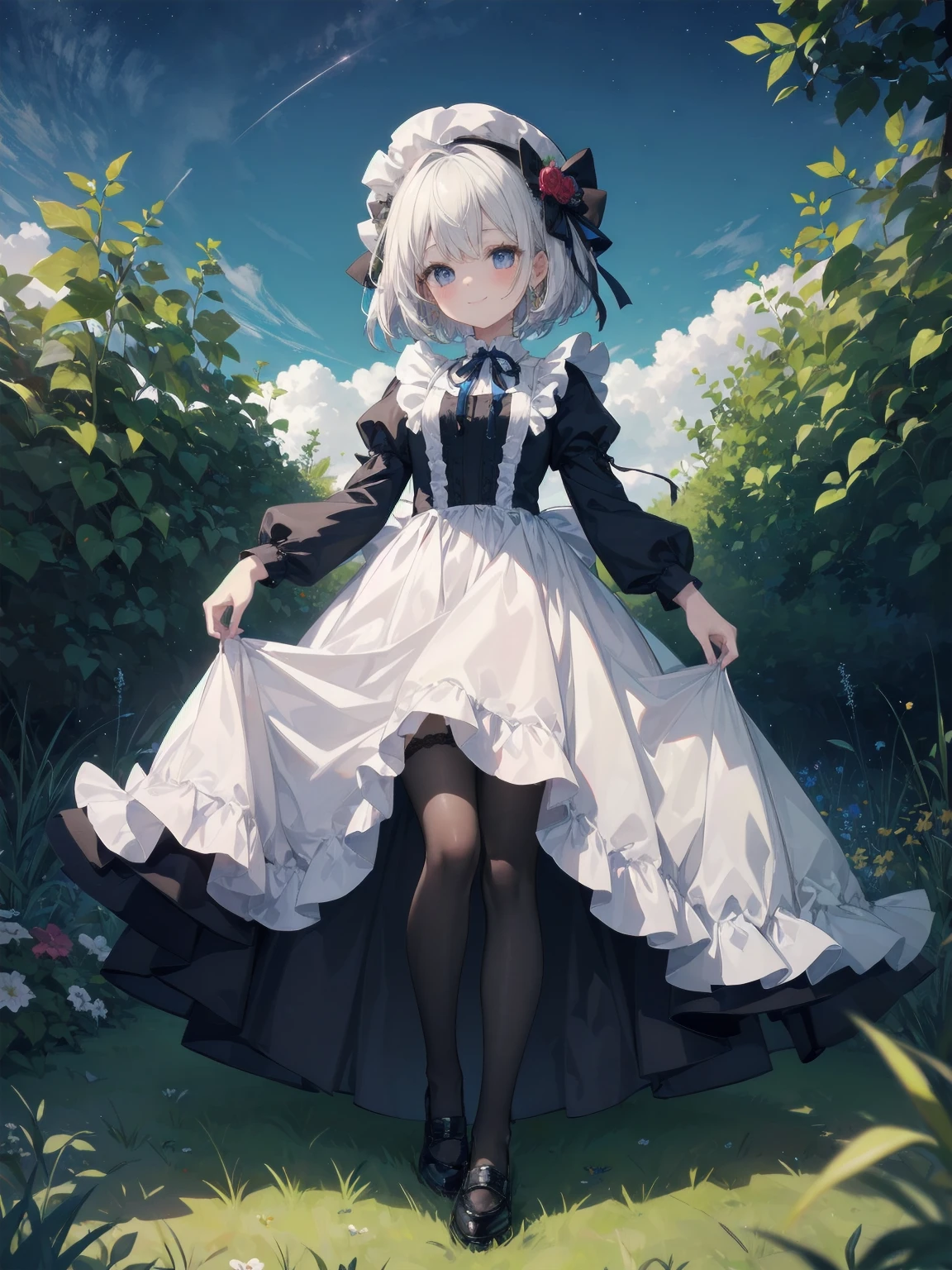 A serene outdoor scene unfolds at dusk, with a brilliant blue sky transitioning into a canvas of twinkling stars. A beautiful young girl, dressed in a stunning white and black gothic maid dress adorned with a navy blue ribbon, stands amidst lush green grass. Her companion, a delightful toddler, dons a charming maid hat with ruby accessories, complemented by black stockings and shoes. The little one beams with joy, smiling brightly as they gaze up at the celestial display together