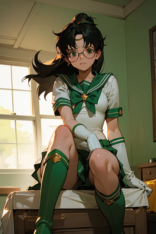 A tall, black-haired, freckled girl with glasses dressed as Sailor Jupiter, wearing white gloves and green boots with a displeased look on her face, in her room.