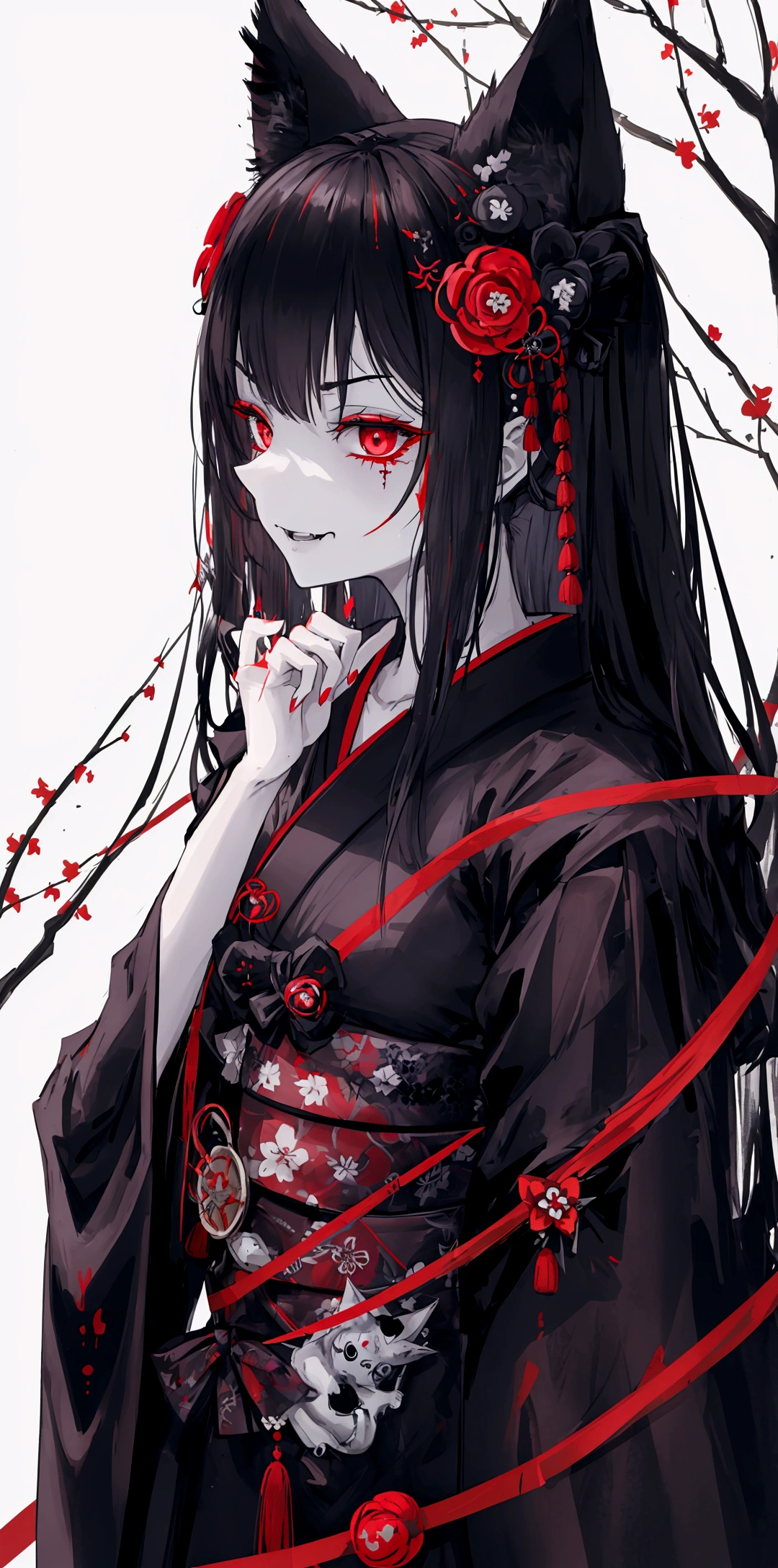 ((Evil expression, Best masterpiece, Perfect quality, Ultra detailed)), A girl with black fox-ears, face scars and morbid bloodless-face. She is wearing black Japanese-kimono and holding 匕首 the knife. She is eerily laughing, insanity. Blood-moon, Scarlet celestials, Groves at night, dark atmosphere, Gloomy, Profile