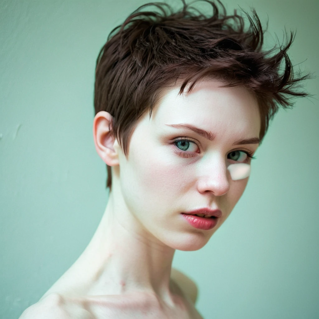 Short hair pale skin weak body woman 