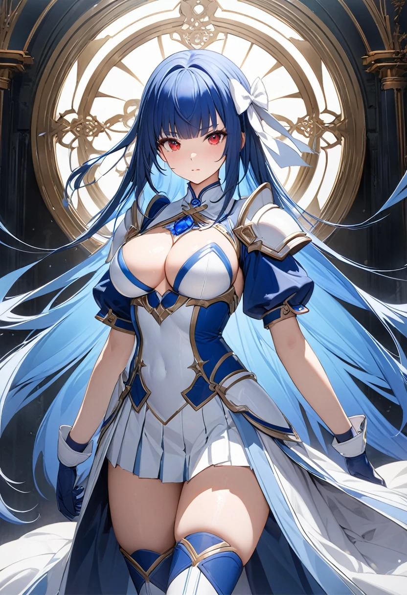 Highest quality、unity 8k wallpaper、32k、masterpiece、Very detailed、Ultra-high resolution、Very detailedな顔, RAW Photos, Professional, Ultra-fine painting, Blue long straight hair、Red Eyes、Cool and sharp features, Hime cut, 20~A female magical warrior, about 24 years old.、Blue and white leotard、White pleated skirt with blue lines、Half puff sleeves with shoulder pads、A large white ribbon with a large sapphire on the chest、White and blue long gloves、White and blue thigh-high stiletto boots、whole body