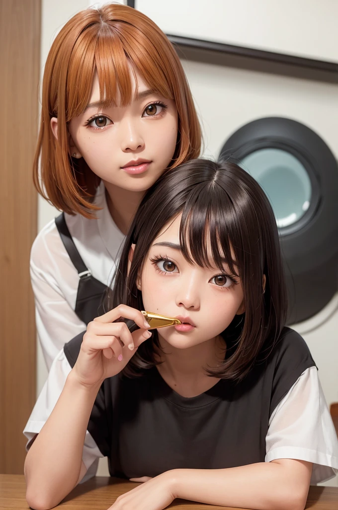 Cute brown skin girl, Orange bangs [With a black shade], 金色的Eye (shining), 超逼真的Eye, Use a magnifying glass, There is a gold ingot next to the item you are looking for.，Round Face, Realistic lighting, Radiosity, Close-up magnifying glass，Eye