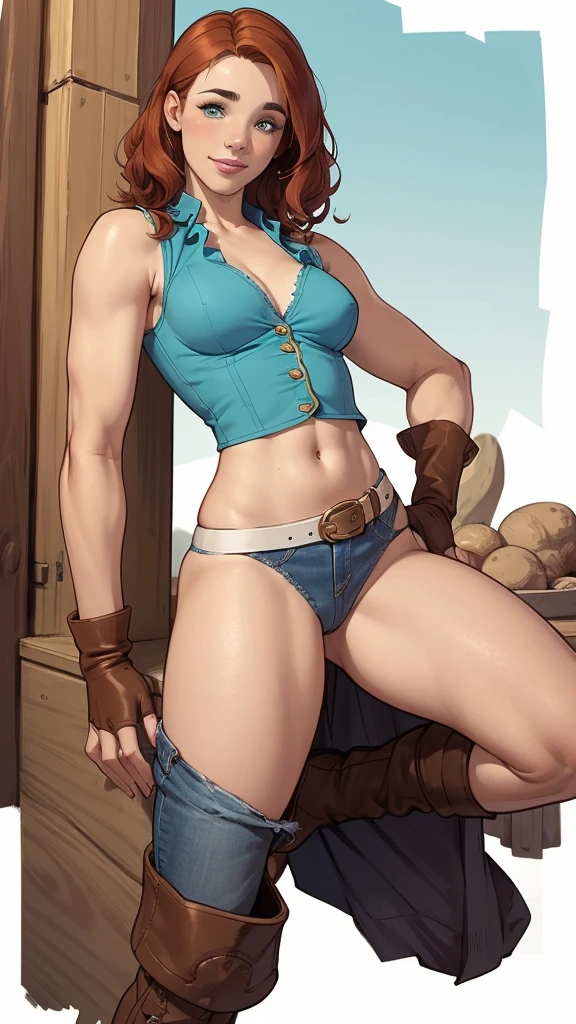 (cartoon style:1.2), Drawings of (Ginevra Molly Weasley), he used to smile, perfect green eyes, face detailed, White background, fun pose, seducing gaze,Full body wearing the Sanserina uniform, beautiful medium breasts and wonderful body cartoon style digital illustration. Wearing pantiesJennifer Connelly , , white bra, green vest, sleeveless, へそ, blue jeans, Brown boots, gloves fingerless, short gloves, slightly-smile, shorth hair, wavy hair, parted bangs, blue colored eyes, wart under the right eye, old american west, sunny desert background, waist belt, best quality, Work of art Jennifer Connelly nude without clothes beautiful breasts
