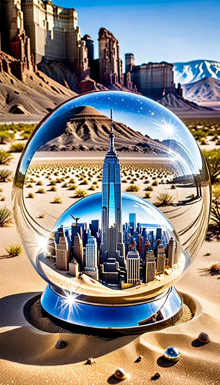 A giant astronaut wearing a mirrored helmet stands in the desert behind a glass hemispherical shell,See a miniature model of New York City encased in a glass dome on the ground below,Beautiful sparkling glass hemisphere shell, Flying vehicles,Lenses, Scenes, amazing, thrilling, There's a magical feeling in the air, Magical Fantasy, Diffuse lighting