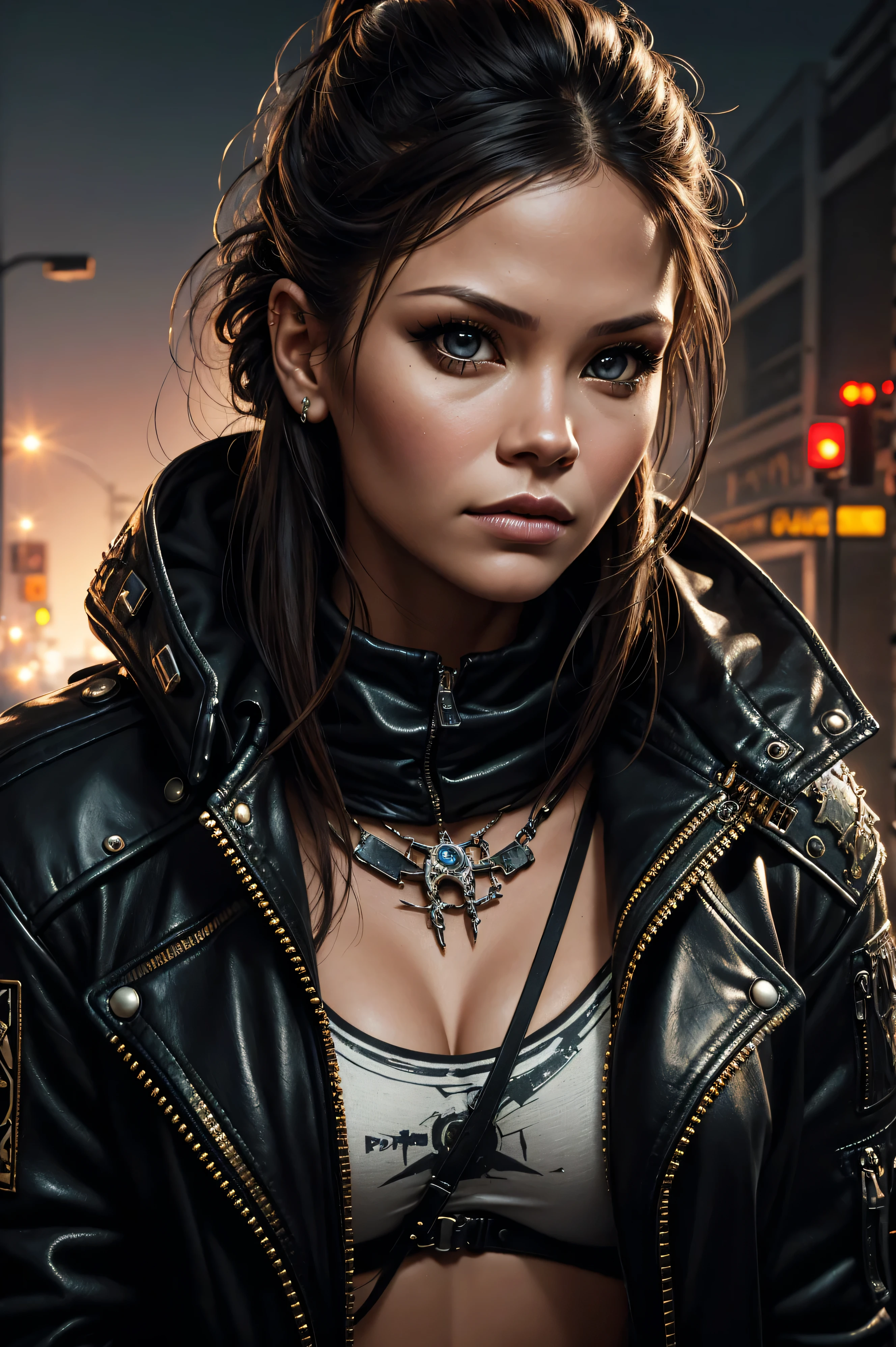 Cute punk scull, 36k, portrait Vanessa Lachey, mad max jacket, renaissance, cables on her body, hyper realistic style, oil painting, fantasy by olga fedorova