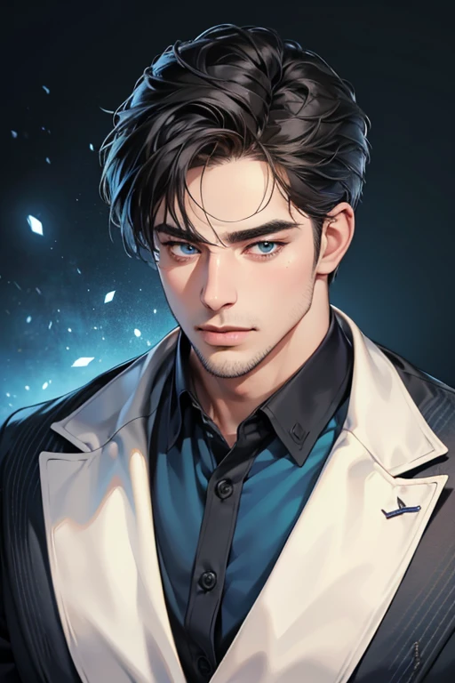 (best quality,4k,8k,highres,masterpiece:1.2),ultra-detailed,(realistic,photorealistic,photo-realistic:1.37),30 year old man,3 day beard,handsome anime,portraits,strong,masculine,dark hair,sharp jawline,mesmerizing blue eyes,perfectly styled hair,cool anime outfit,confident expression,vibrant colors,dynamic lighting, (CEO).