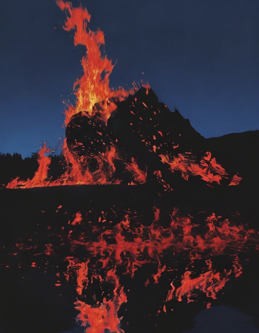 long view of red fire on lake at night, blue background