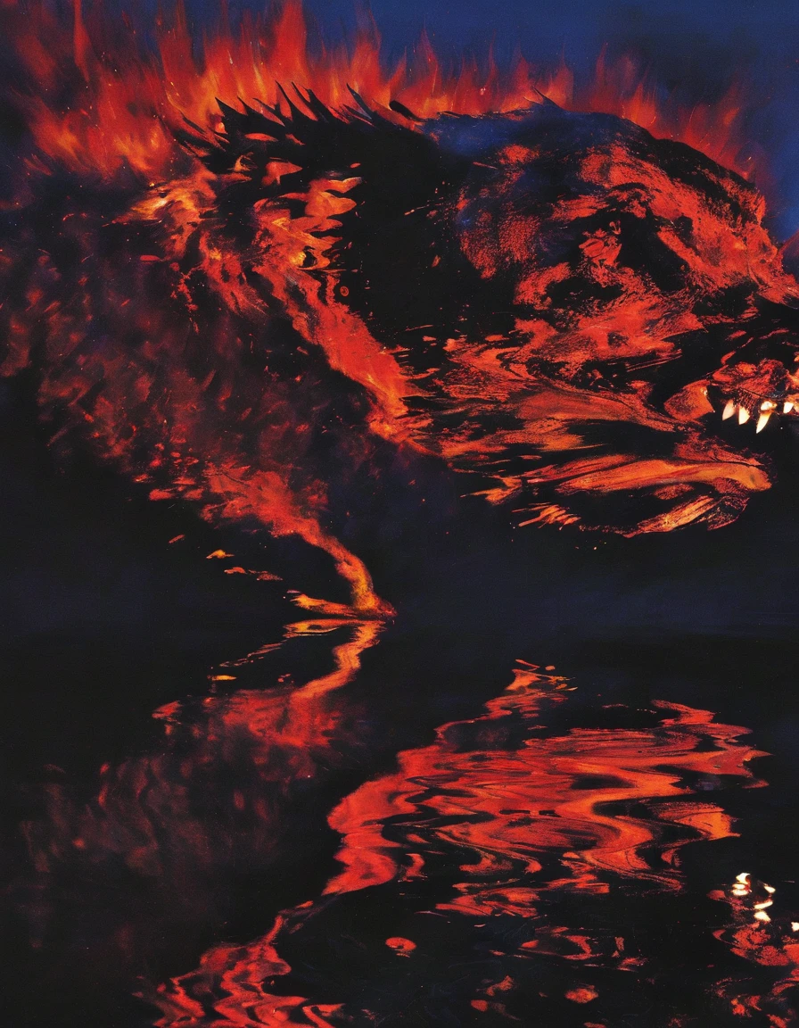 long view of red fire on lake at night, blue background