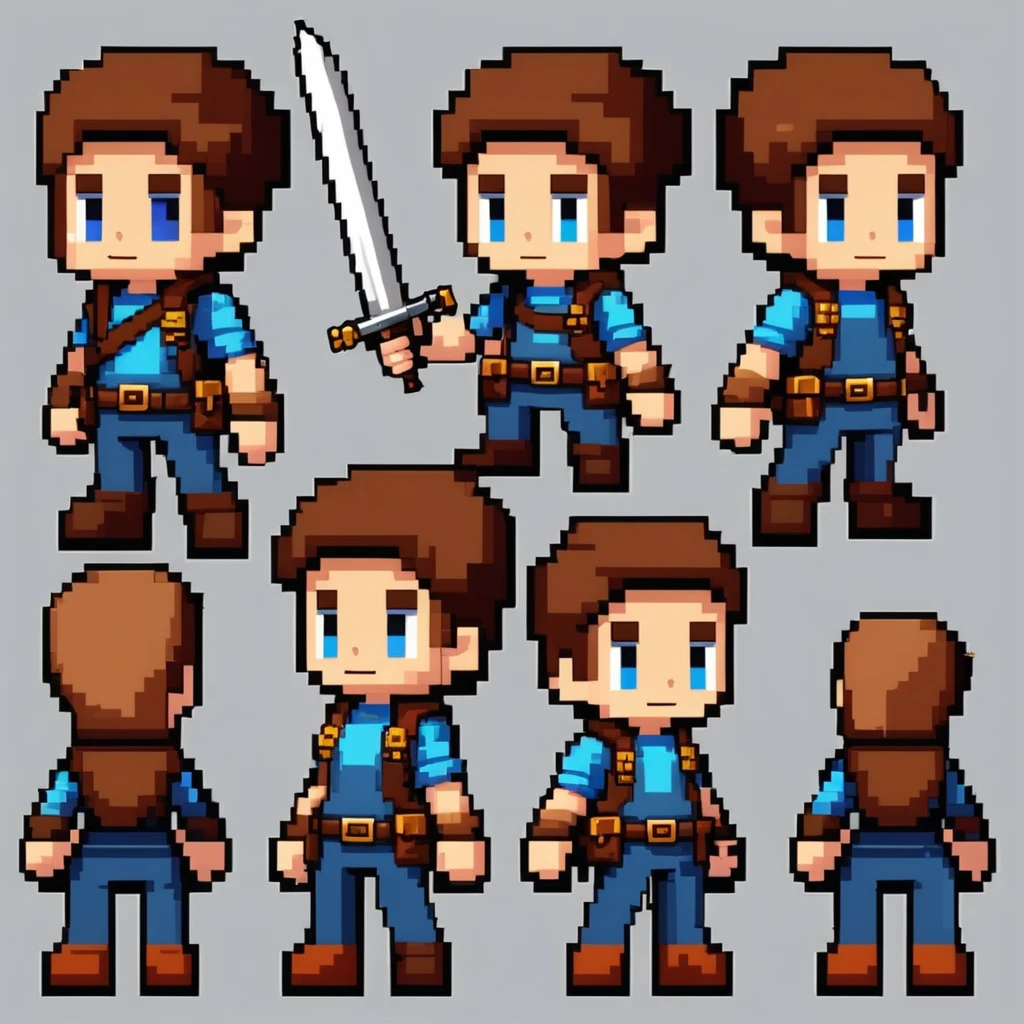 Pixel art,pixel art,Create an original character design sheet,main character of the game,boy,juvenile,adventurer's outfit,natural perm,musical instrument,bard,((3 views,whole body, background,multiple views,High resolution)),multiple views,multiple poses,Active,action pose,dynamic,nice,cute,masterpiece,highest quality,In detail,Gracefully,RPG,Famicom,Multiple characters,multiple outfits,Final Fantasy,boldly,ASSASIN , BLACK COAT , HUNTER, GEARED ANDVENTURER