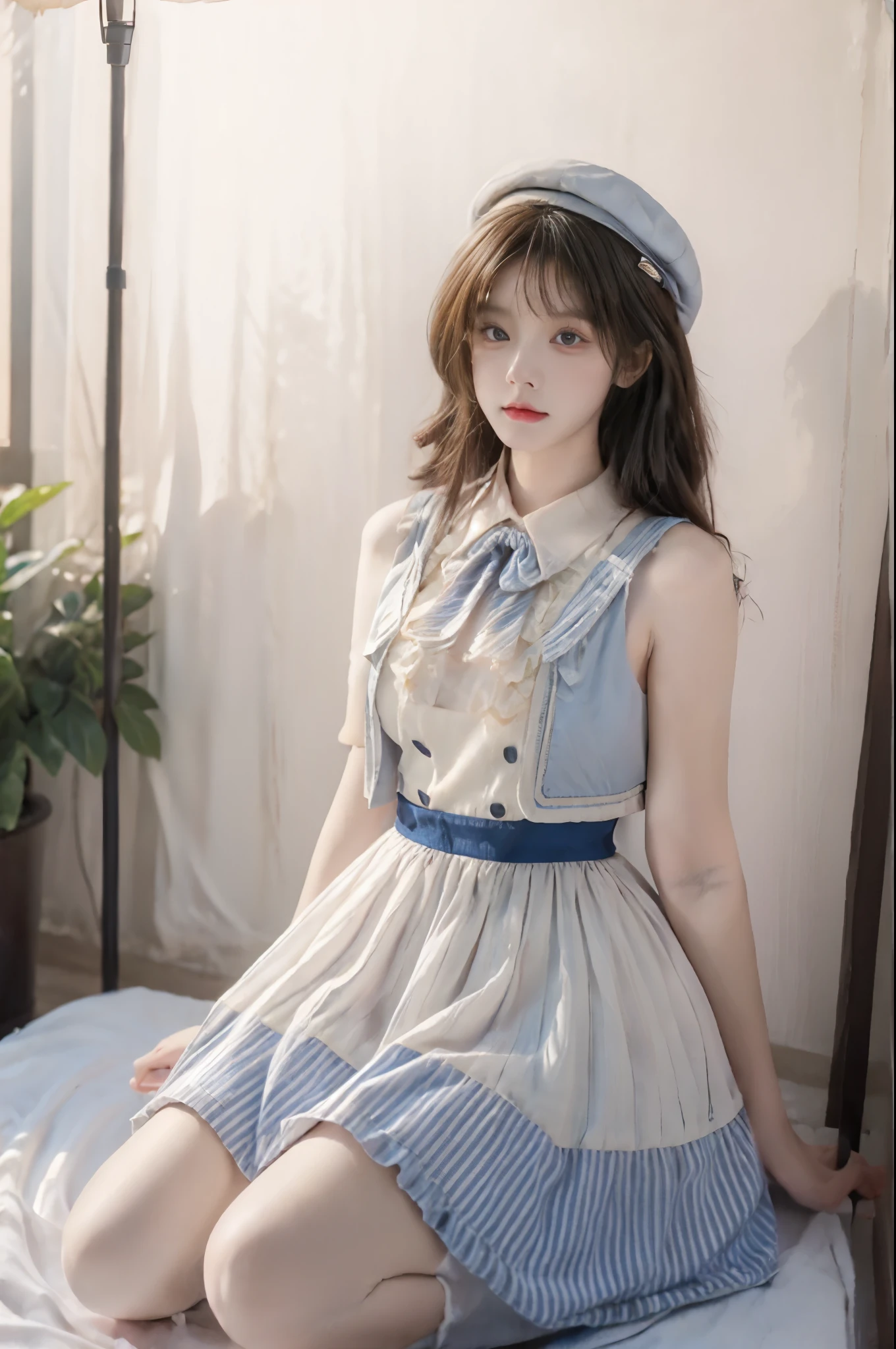 idol clothes,dress,collared dress,jacket,cropped jacket,short sleeves,bowtie,bow,buttons,hat,beret, (best quality,Extremely detailed:1.2), ((I-type Valley)), ((Bare shoulders)), ((Visible cleavage)), ((full body)), Random scenes, Random shooting angles,Asian Models,beautiful,young,Chinese Beauty,Sitting,masterpiece,Delicate face,Slim body,Long legs