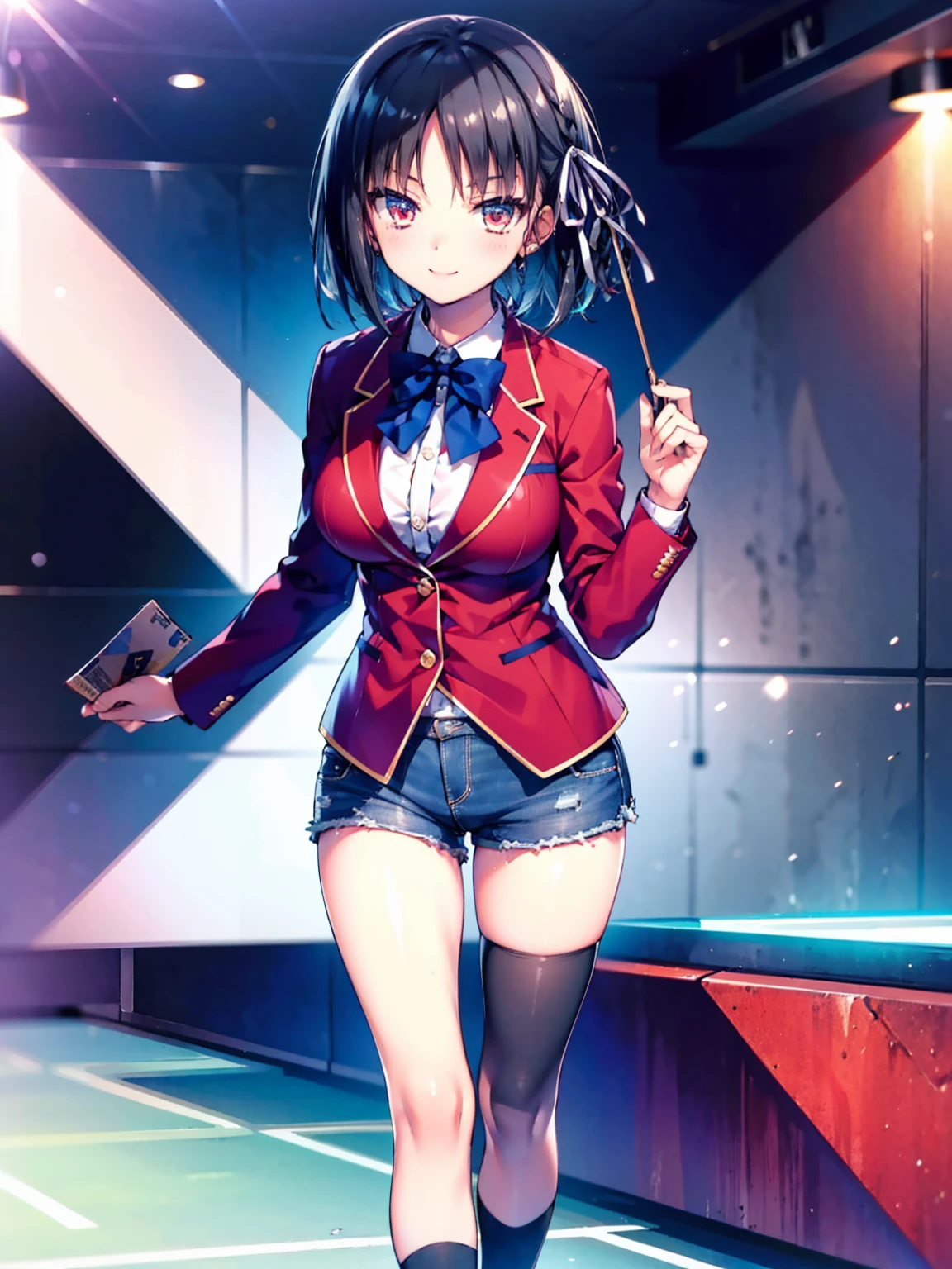 (8K, Highest quality, Highest quality, masterpiece), aasuzune, short hair, black hair, (single braid:1.2), hair ribbon, red jacket, blazer, blue bowtie, long sleeves, black thighhighs, smile, denim hot shorts, mini shorts, big breasts