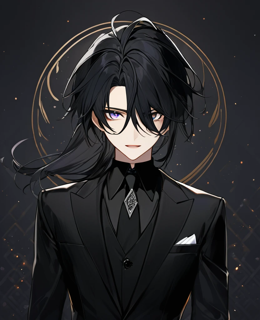  (black_hair), (dark_eyes),(vertical_slit_eyes), (detailed_eyes), (attractive), (emotionless), (void_Space_background), (male), (wearing _a_black_suit), (long_male_hair), (detailed_Hair), (detailed), (detailed_mouth),