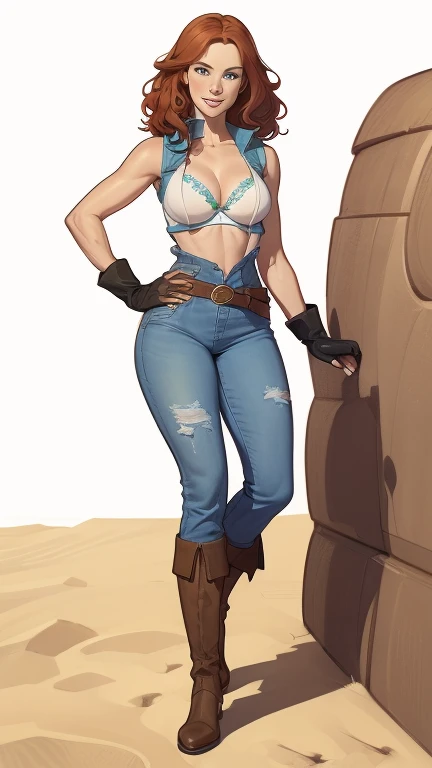 (cartoon style:1.2), Drawings of (Ginevra Molly Weasley), he used to smile, perfect green eyes, face detailed, White background, fun pose, seducing gaze,Full body wearing the Sanserina uniform, beautiful medium breasts and wonderful body cartoon style digital illustration. Wearing pantiesJennifer Connelly , , white bra, green vest, sleeveless, へそ, blue jeans, Brown boots, gloves fingerless, short gloves, slightly-smile, shorth hair, wavy hair, parted bangs, blue colored eyes, wart under the right eye, old american west, sunny desert background, waist belt, best quality, Obra de arte Jennifer Connelly
