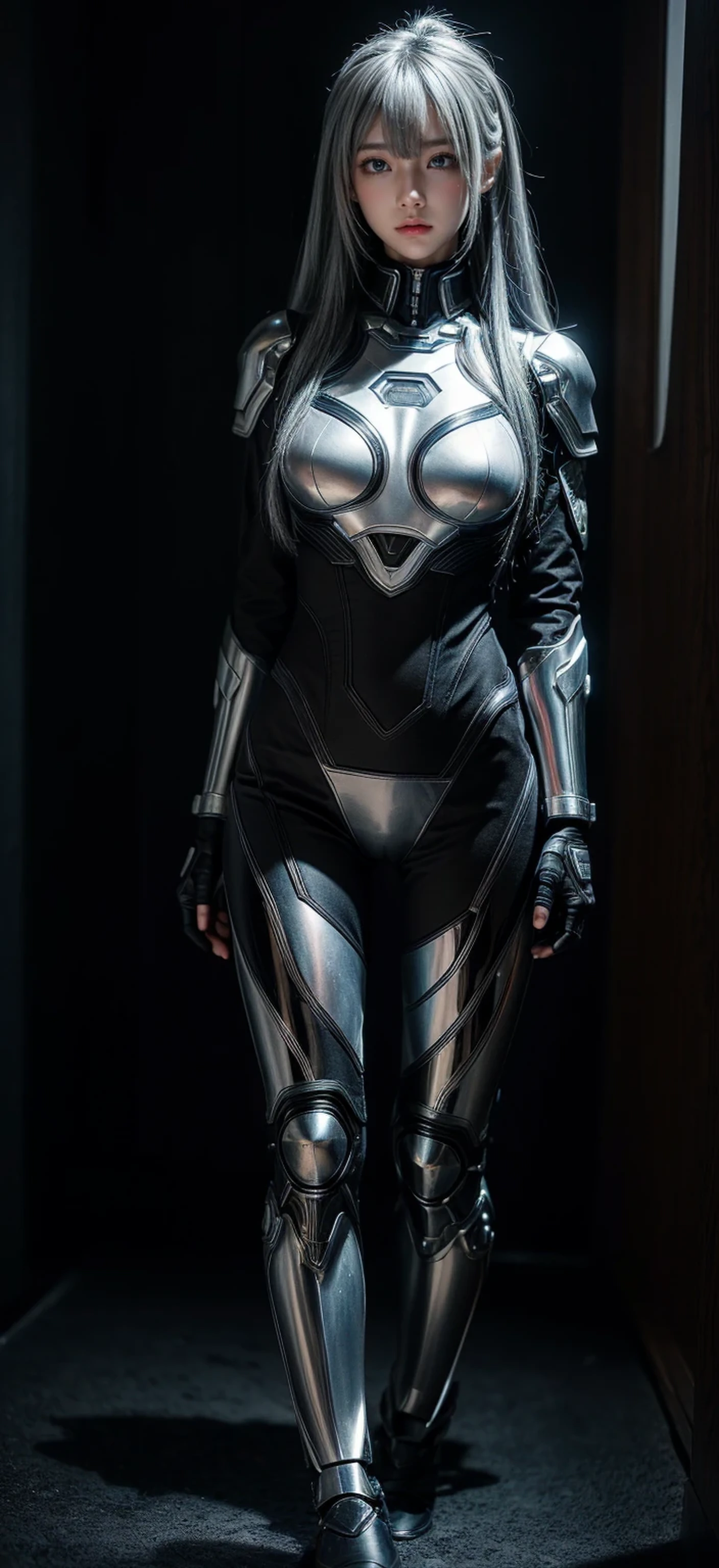cyber angel,machine wing,laser sword,{{Sci-Fi Armor}},cyber suit,cyberpunk,science fiction,cyber battle armor,Battledress,Military Uniforms,pants,black military uniform,whole body,Height: 168cm,almond shape eyes,{{{{{silver eyes}}}}},{{{{{dull bangs}}}}},(slanted eyes},{{whole body},{{{1 girl}}}, long hair, straight hair,{{{{silver hair}}}},{{{tsurime}}},30 years old,{Medium chest},{{bush}},silver eyes,{{{masterpiece}}}, {{{highest quality}}}, {{Super detailed}}, {shape}, {{very delicate and beautiful}},very detailed,detailed perfect,detailed hyper,Abundant thighs,big ass,black clothes