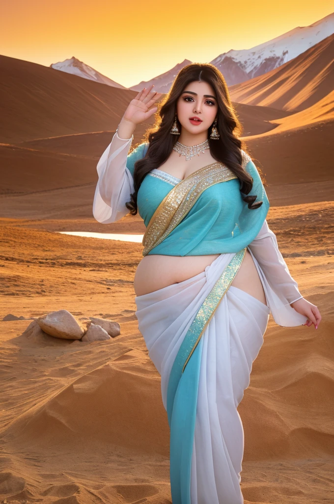 1 Heavenly beautiful and goddess beauty cute and sweet looking face Arabian woman in front of Vinicunca mountain, Heavenly beautiful Overweight, Heavenly beautiful Extremely fat, Heavenly beautiful and attractive Chubby figure , Heavenly beautiful looking and eye catching luxury style tight fitting elegant saree, reaching out, Heavenly beautiful Arabian woman, 16k, High resolution, masterpiece, highest quality, fine skin, Realistic Photograph