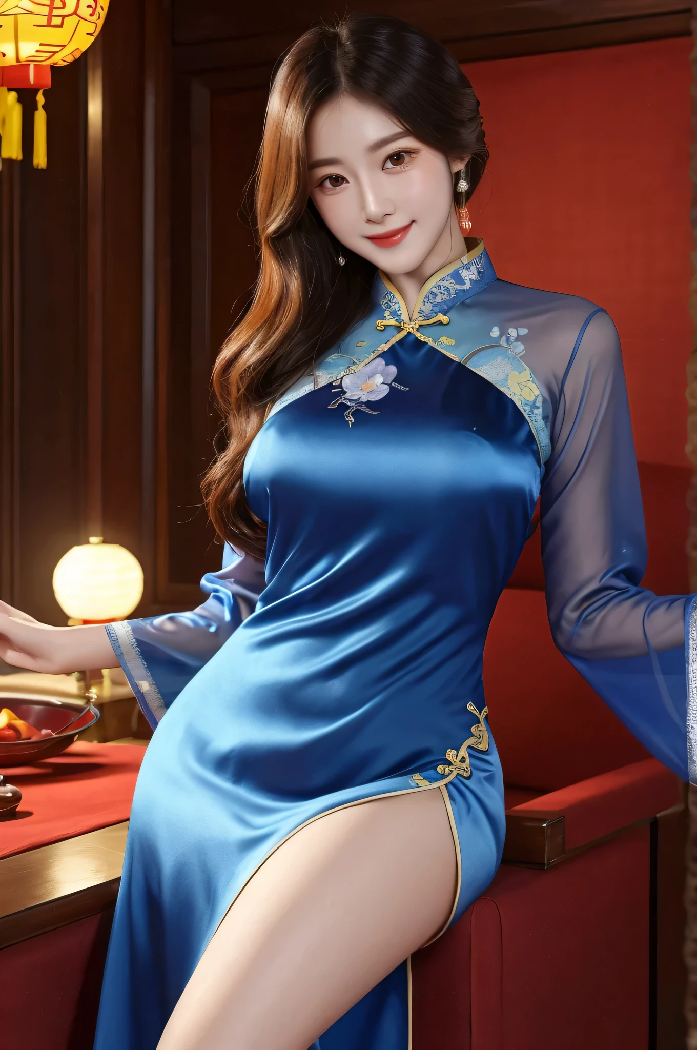 ch30ngs4m_1, best quality, masterpiece, illustration, Practical, photo-Practical, Astonishing, Fine details, Ridiculous, Huge file size, Extremely detailed, high resolution, Extremely detailed CG unity 8k wallpaper, Not suitable for working hours, Sexy, Charming smile,  A young Korean woman, Wearing modified cheongsam, Elegantly situated in a room decorated for the Lunar New Year. This cheongsam is made of blue silk，It is embroidered with silver and lilac flowers. The sleeves are transparent, Skirt front slit，The woman&#39;s hair is tied in a traditional Korean bun, Exquisite facial features，Delicate and real skin，The room is filled with red lanterns and other festive decorations. Soft lighting brings a warm glow to the scene.