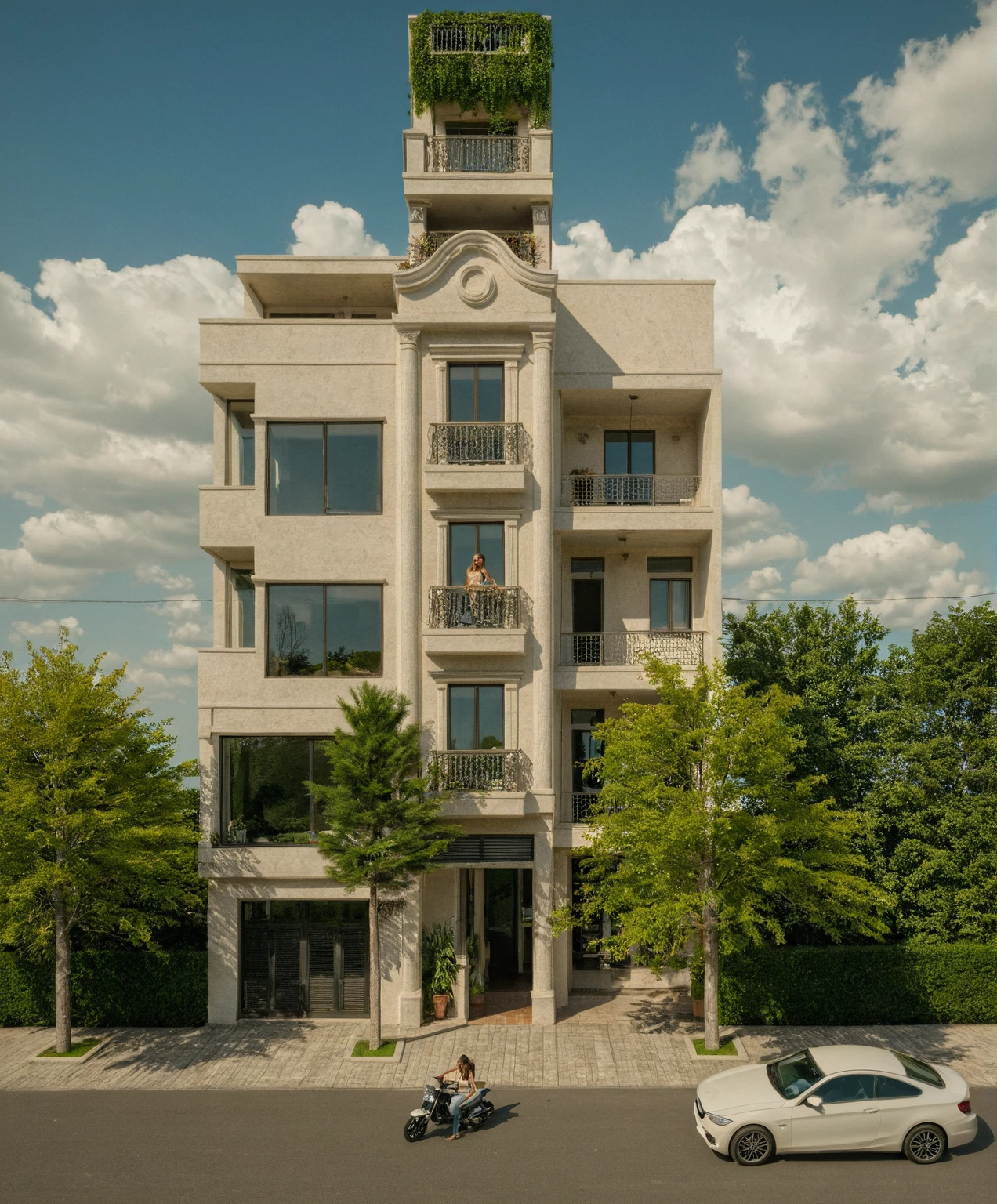 Raw photo,Masterpiece, high quality, best quality, authentic, super detail,
exterior, outdoors, house style neoclassic on the street ,aiaigroup, car, motobike, girl, human,
road,pavement, grass, trees, sky, cloud, (day:1.1)