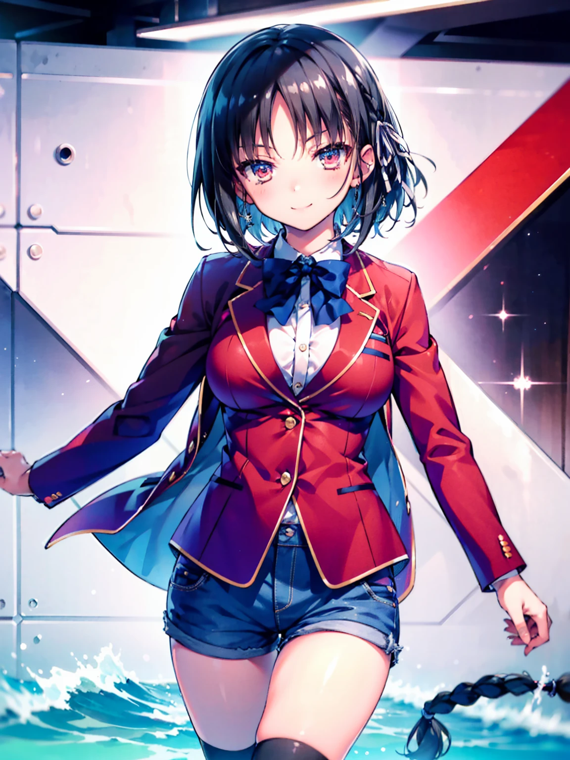 (8K, Highest quality, Highest quality, masterpiece), aasuzune, short hair, black hair, (single braid:1.2), hair ribbon, red jacket, blazer, blue bowtie, long sleeves, black thighhighs, smile, denim hot shorts, mini shorts, big breasts