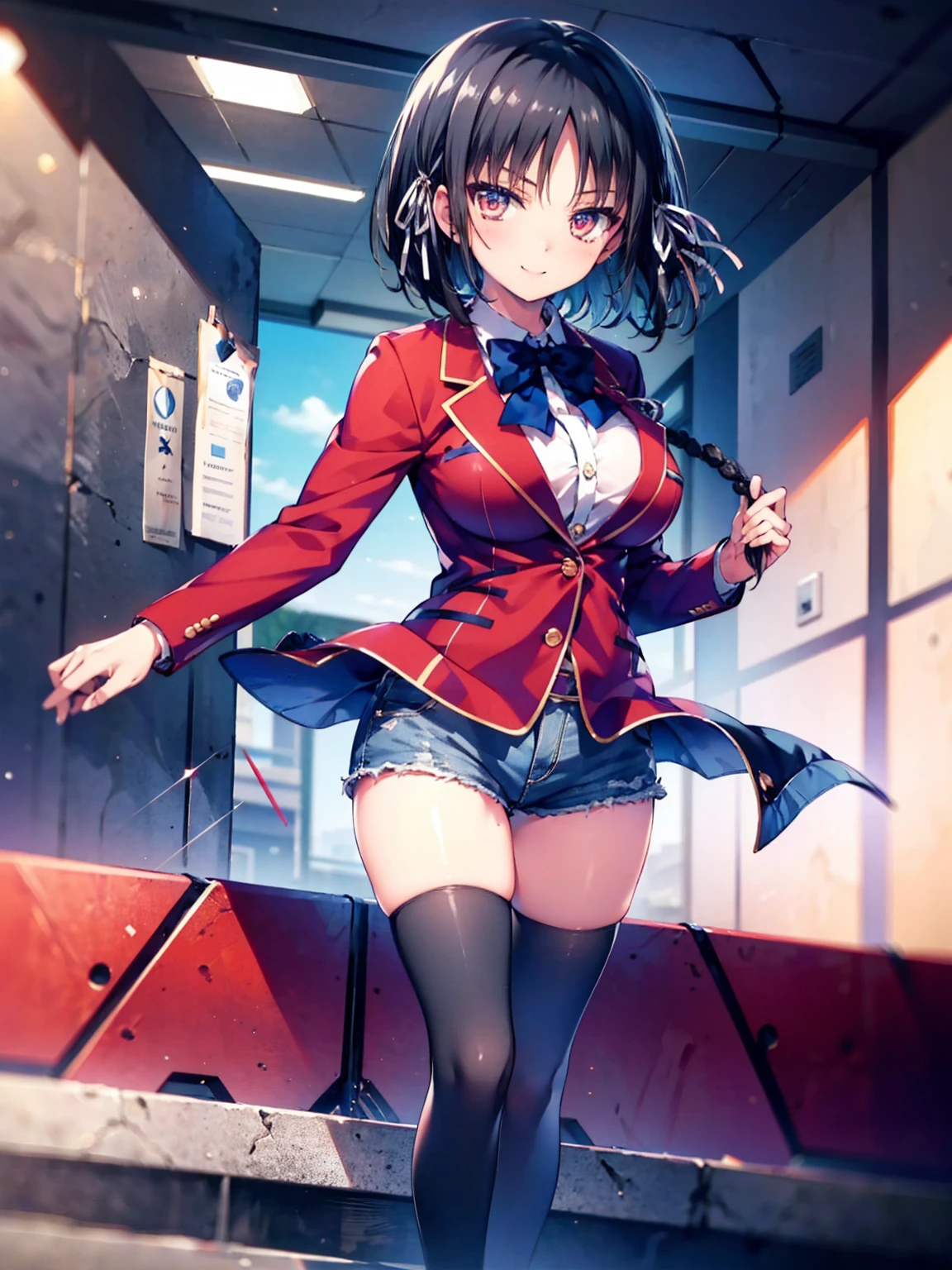 (8K, Highest quality, Highest quality, masterpiece), aasuzune, short hair, black hair, (single braid:1.2), hair ribbon, red jacket, blazer, blue bowtie, long sleeves, black thighhighs, smile, denim hot shorts, mini shorts, big breasts