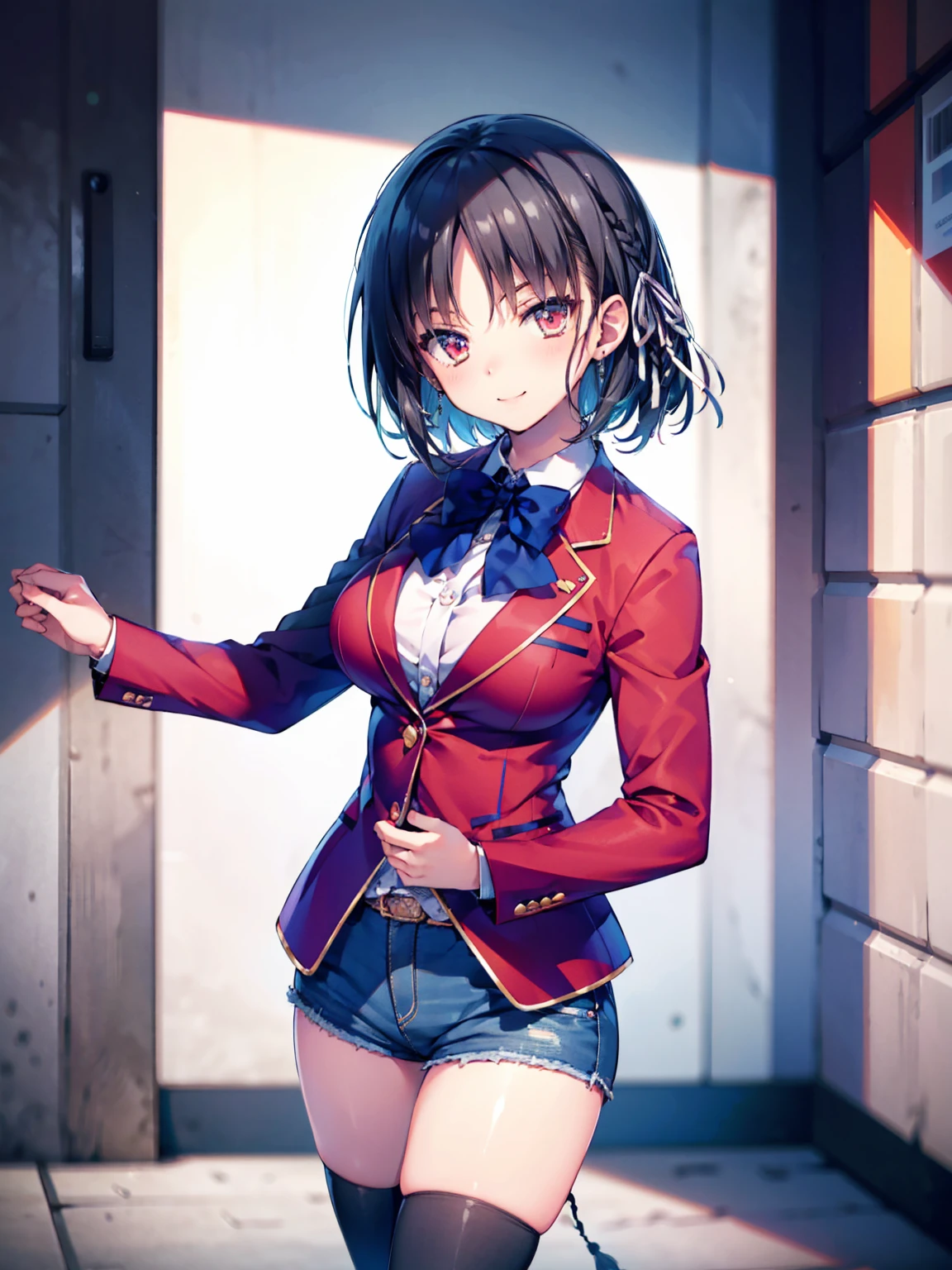 (8K, Highest quality, Highest quality, masterpiece), aasuzune, short hair, black hair, (single braid:1.2), hair ribbon, red jacket, blazer, blue bowtie, long sleeves, black thighhighs, smile, denim hot shorts, mini shorts, big breasts