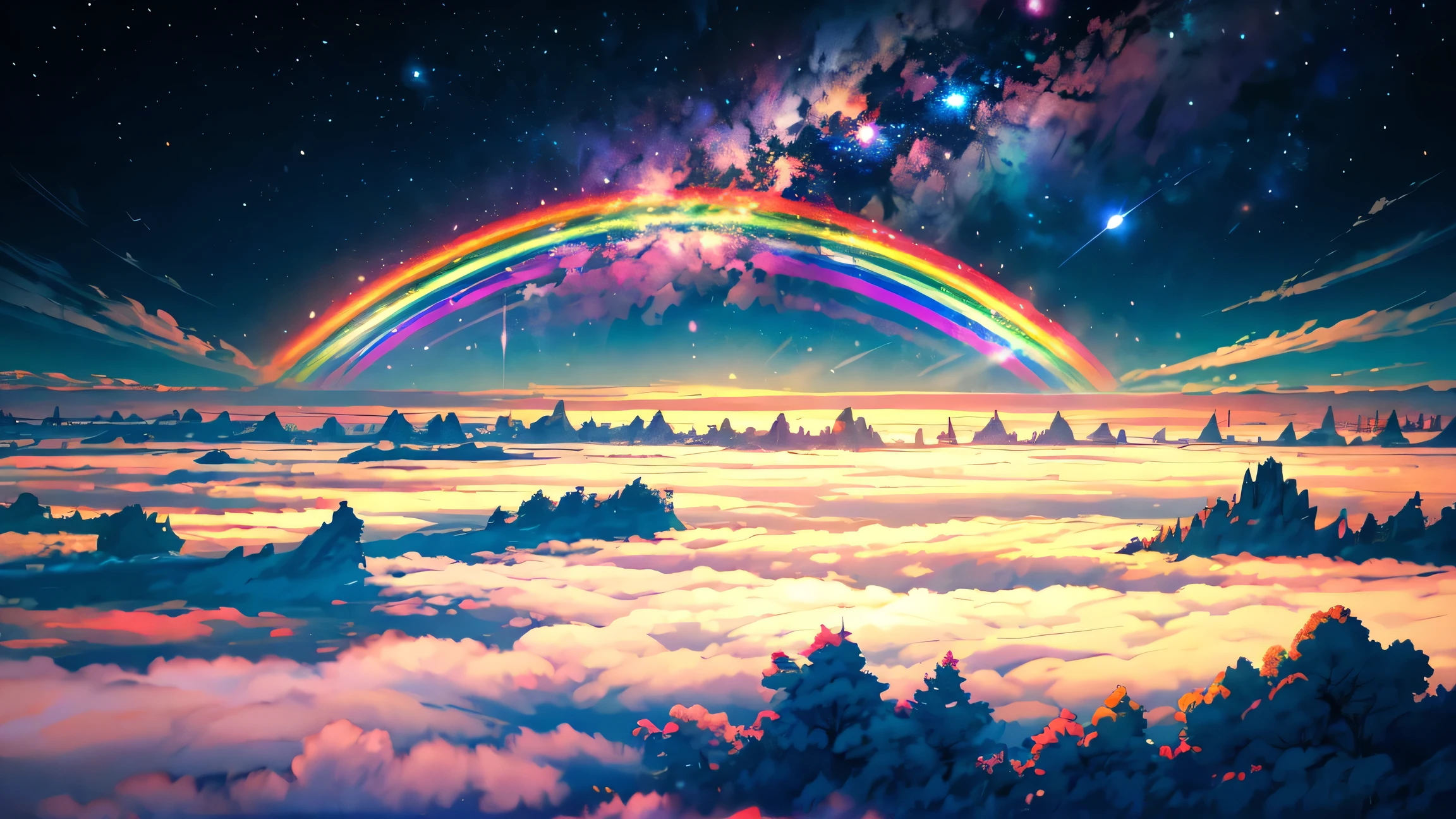 This image is breathtaking、It depicts a truly magical, otherworldly landscape.。. It appears to have been taken from high above the clouds., The viewer is presented with a stunning panoramic view of the vast expanse of sky.。. The stars shine brightly, It creates a truly awe-inspiring and mesmerizing sight.. A colorful rainbow can be seen in the distance, Add vibrant colors to a calm and tranquil atmosphere. The sun shines brightly, Gives the whole scene a warm and welcoming glow. whole, This image is a symphony of colors, Light, A beauty that takes the viewer to a completely different world.
