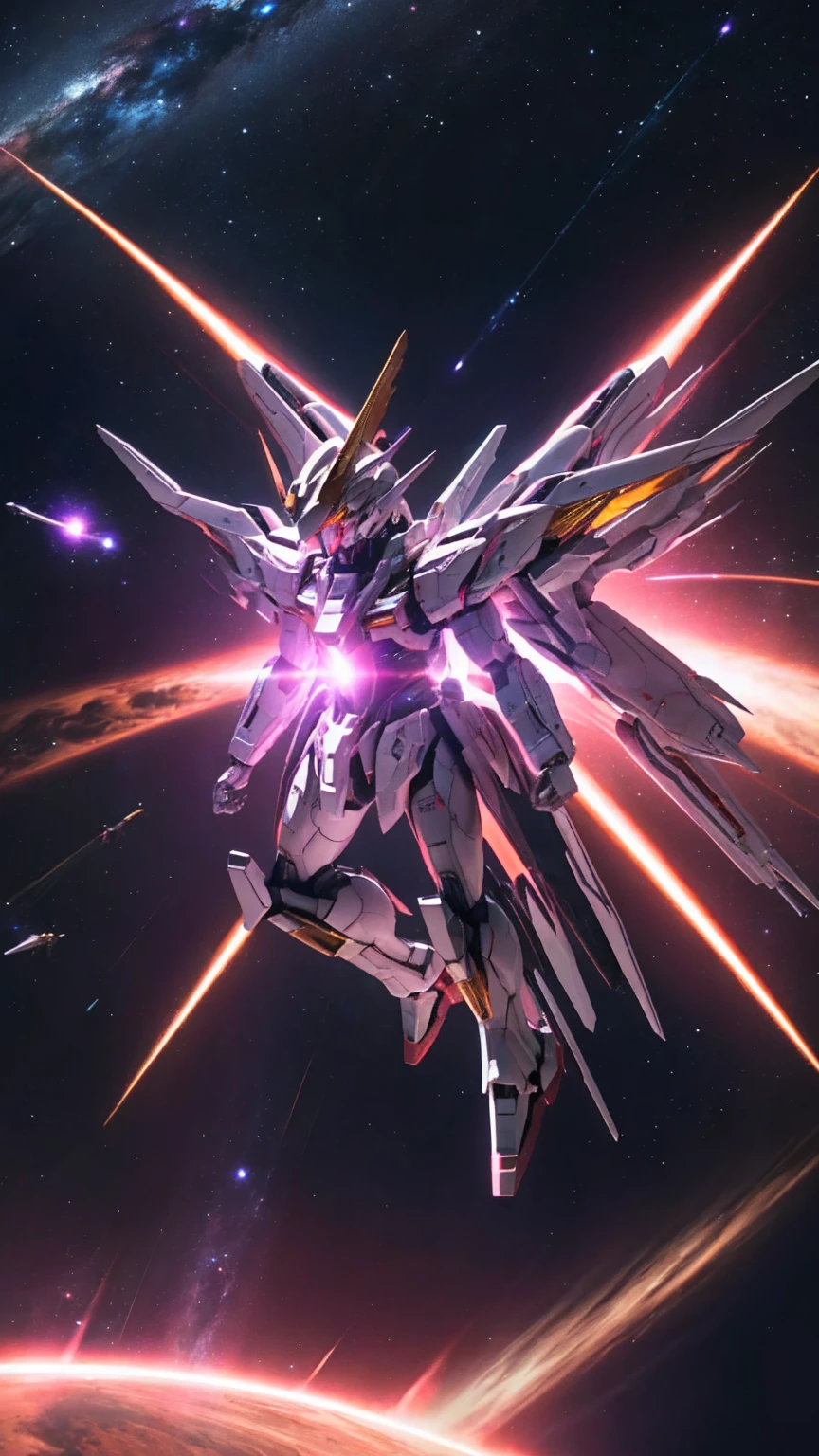 universe space、Pink light effect、Strike 、front、universe spaceに浮いている、The aircraft emits golden particles in a circular pattern.