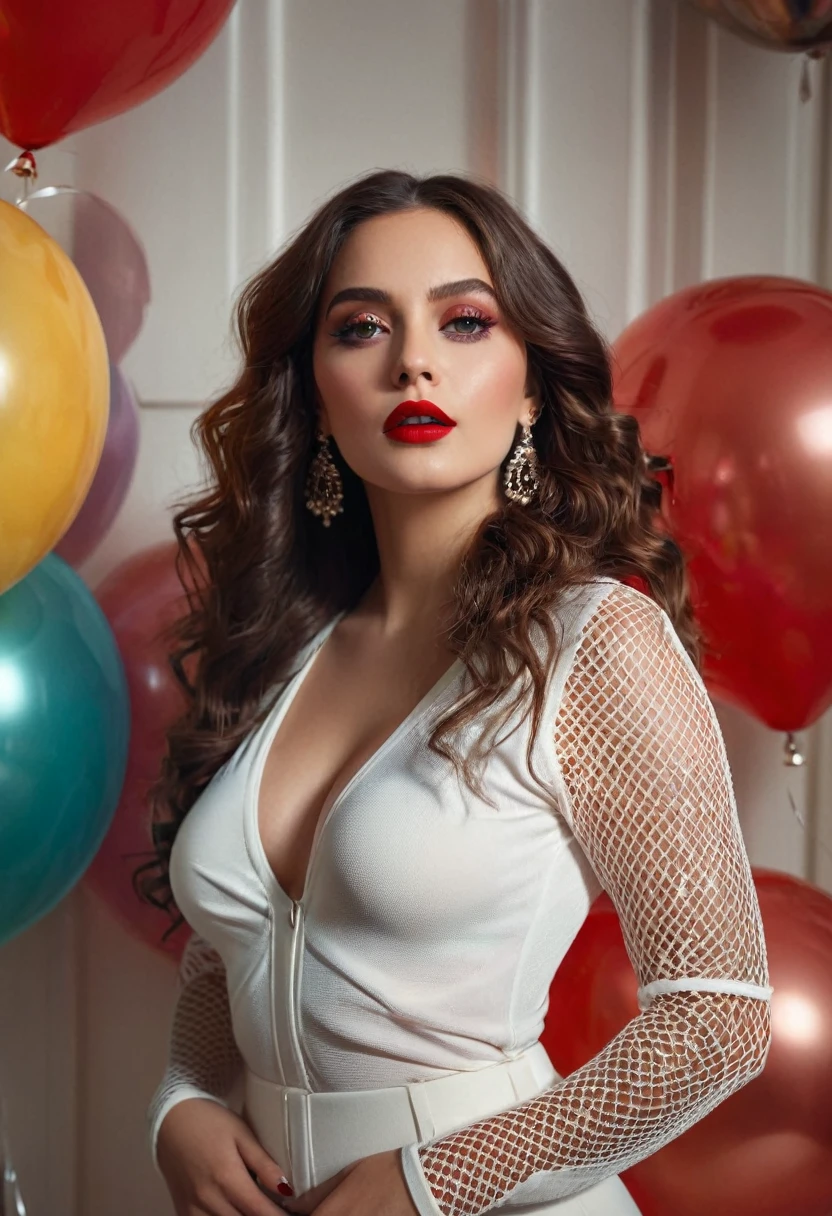 Gorgeous, curvaceous woman, sexy chic style, ultra-realistic detail, She poses indoors in full body, (((wearing a white V-neck fishnet body suit))), (((both hands are at her side))), (((big hazel eyes))), Cartier earrings and necklace, her long curly hair cascades, standing in front of wall of colorful large balloons during sunset, radiating elegance with red lipstick and radiant Gothic makeup with eyeshadow, photo boasts shadow lighting and analog style, shot in ultra-high resolution with a Hasselblad X2D camera, soft cinematic lighting enhances her face in this anatomically accurate, 8K