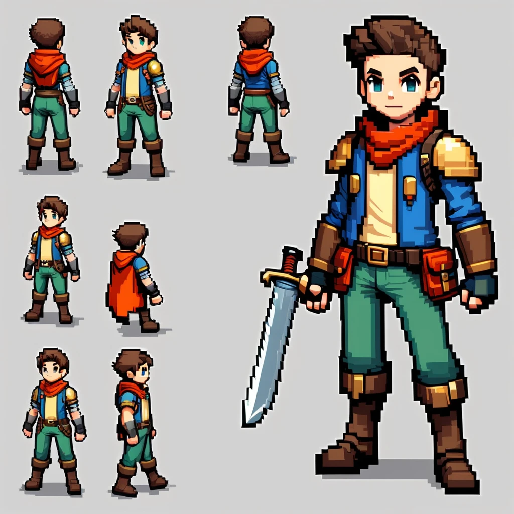 Pixel art,pixel art,Create an original character design sheet,main character of the game,boy,juvenile,adventurer's outfit,natural perm,musical instrument,bard,((3 views,whole body, background,multiple views,High resolution)),multiple views,multiple poses,Active,action pose,dynamic,nice,cute,masterpiece,highest quality,In detail,Gracefully,RPG,Famicom,Multiple characters,multiple outfits,Final Fantasy,boldly,ASSASIN , BLACK COAT , HUNTER, GEARED ANDVENTURER