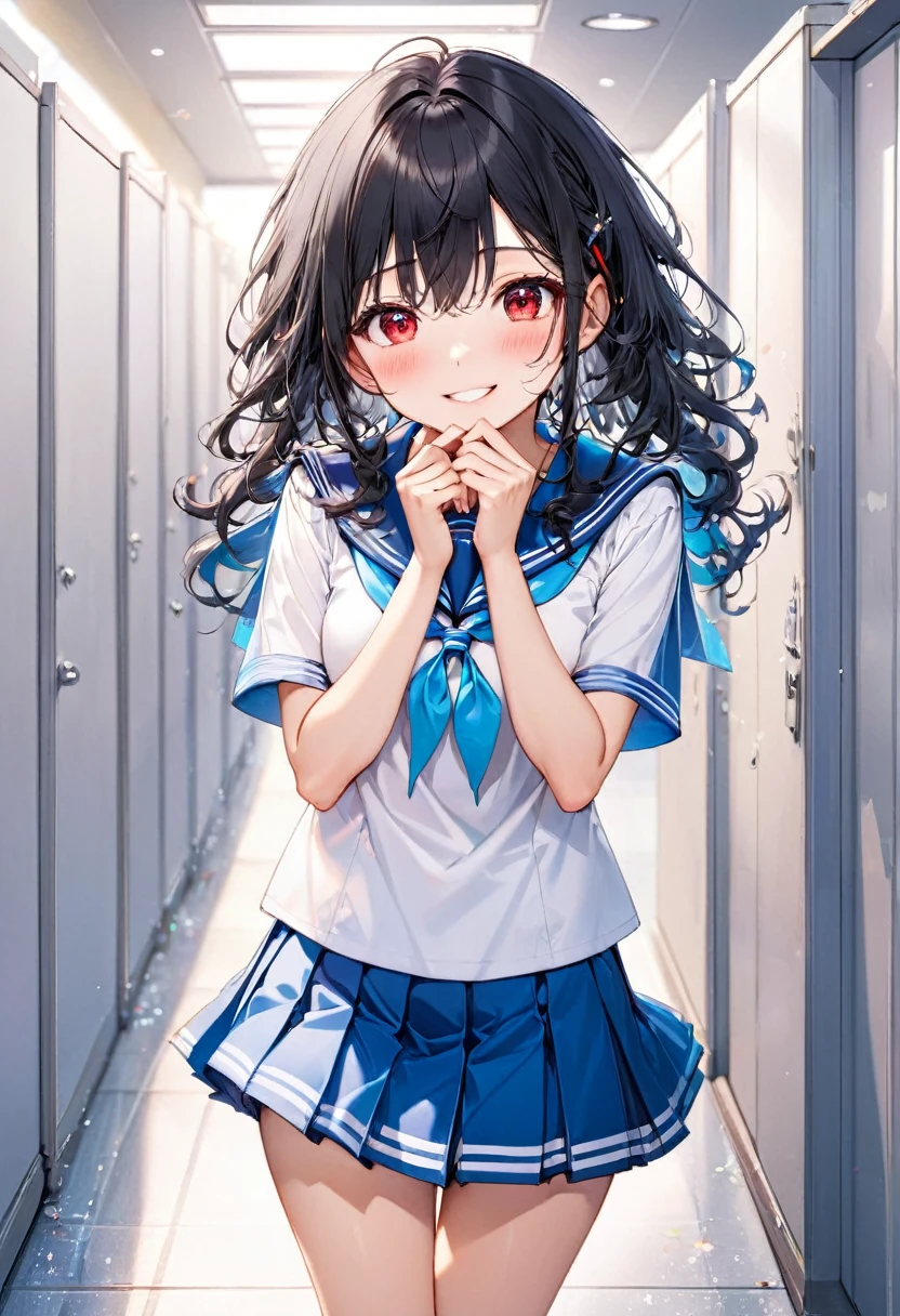 (japanese festival style) ( yo, curly:1.3 black hair long hair cute girl, ecstasy red eyes, ecstasy:1.3 smile), (in a summer school sailor suit, skirt), (standing, Hands to mouth), break, (in the festival Changing Room), BREAK, perfect anatomy, masterpiece, best quality, 16k, beautiful detailed grow, daydreaming expression.